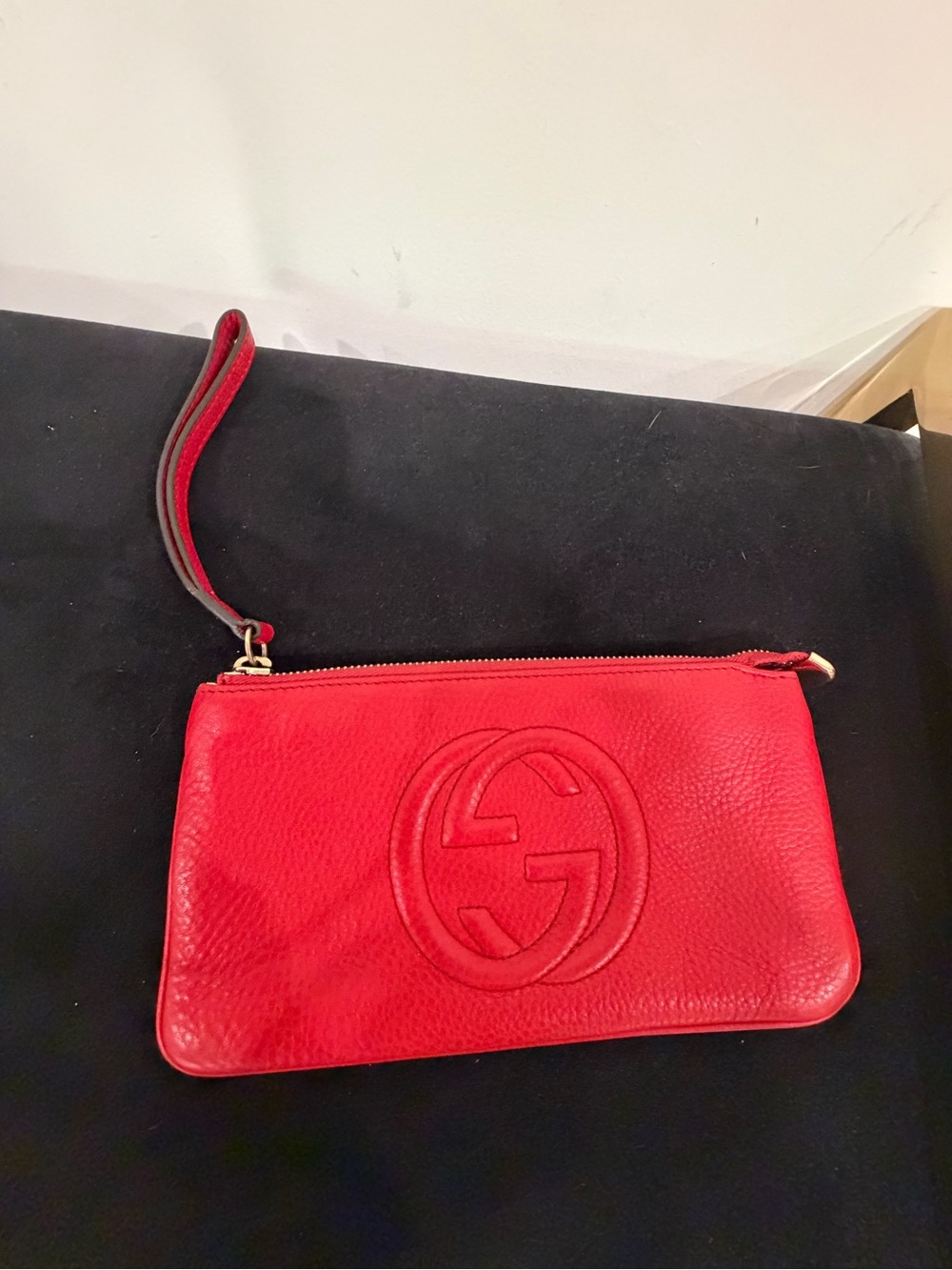 Gucci Red Leather Wristlet Clutch with Embossed Logo